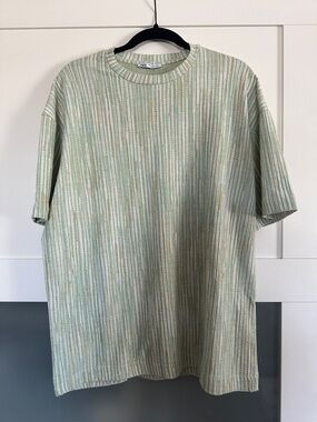 Zara Men's Short Sleeve Crew Neck Shirt in Sage and Cream Stripe
